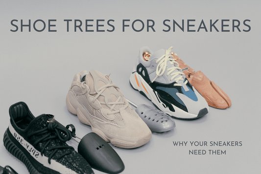 Sneaker shoe tree hero photo with Adidas Yeezy 700 sneakers, Yeezy 500 sneaker, and Yeezy 350 sneaker displayed with various shoe trees