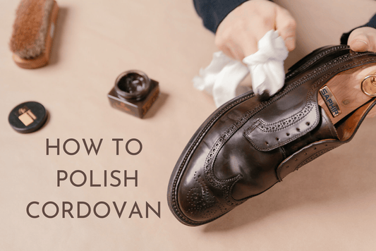 Close up shot of polishing a pair of Alden 975 shell cordovan loafers in colour #8. Using Saphir Medaille d'or cordovan cream