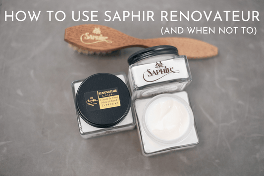 How to Use Saphir Medaille d'or Renovateur blog post photo depicting three jars of Saphir Renovateur side by side and one Saphir Medaille d'or large spatula brush in natural horse hair