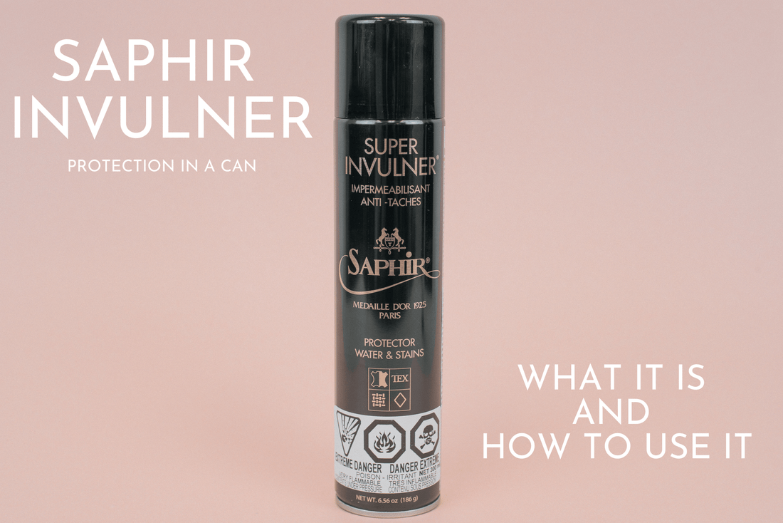 Close up image of a can of Saphir Medaille d'or invulner waterproofing stain repelling spray for suede, leather, and textiles