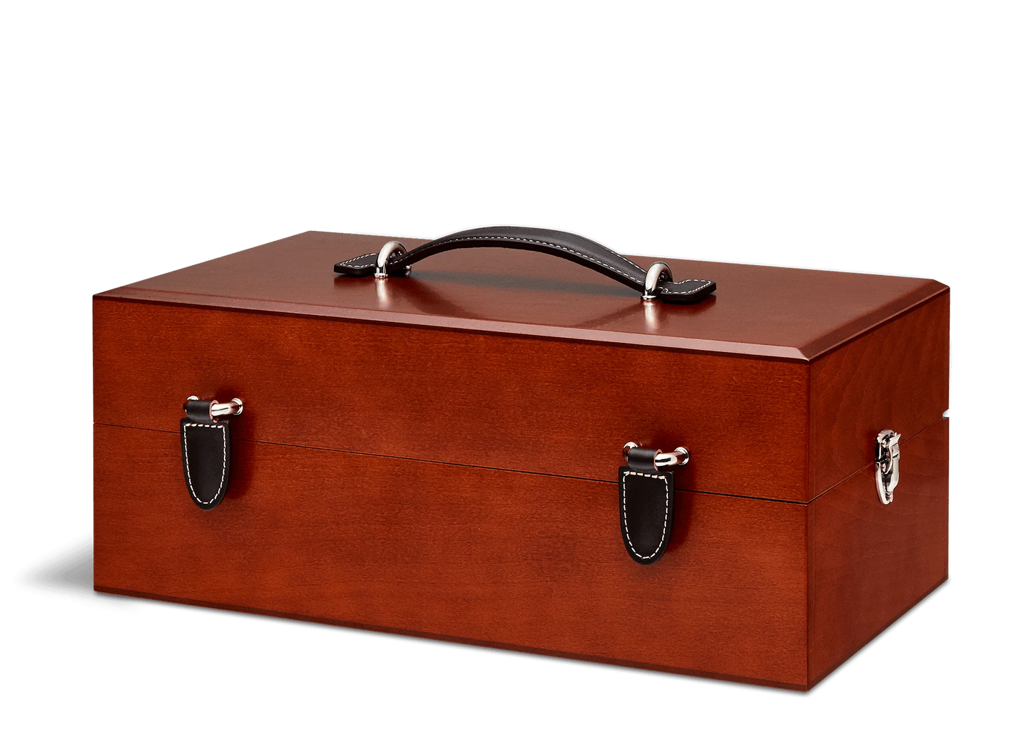 For the leather aficiando. Presented in a stunning Beechwood box. A wonderful gift or addition to the shoe arsenal. Solid beech frame made in France, with a beautiful Mahogany finish and chocolate leather trims. The Intendant Box contains the following: Included: 5 x Shoe cream jars- neutral, black, light brown, med.brow and dk. brown 4 x Tins 50ml shoe polish-neutral, black, med.brown, and dk. brown 2 x Shoe polishes brushes 18cm 2 x Small spreaders, 1 cloth, 1 shoe horn Size : 37 x 20 x 15 cm