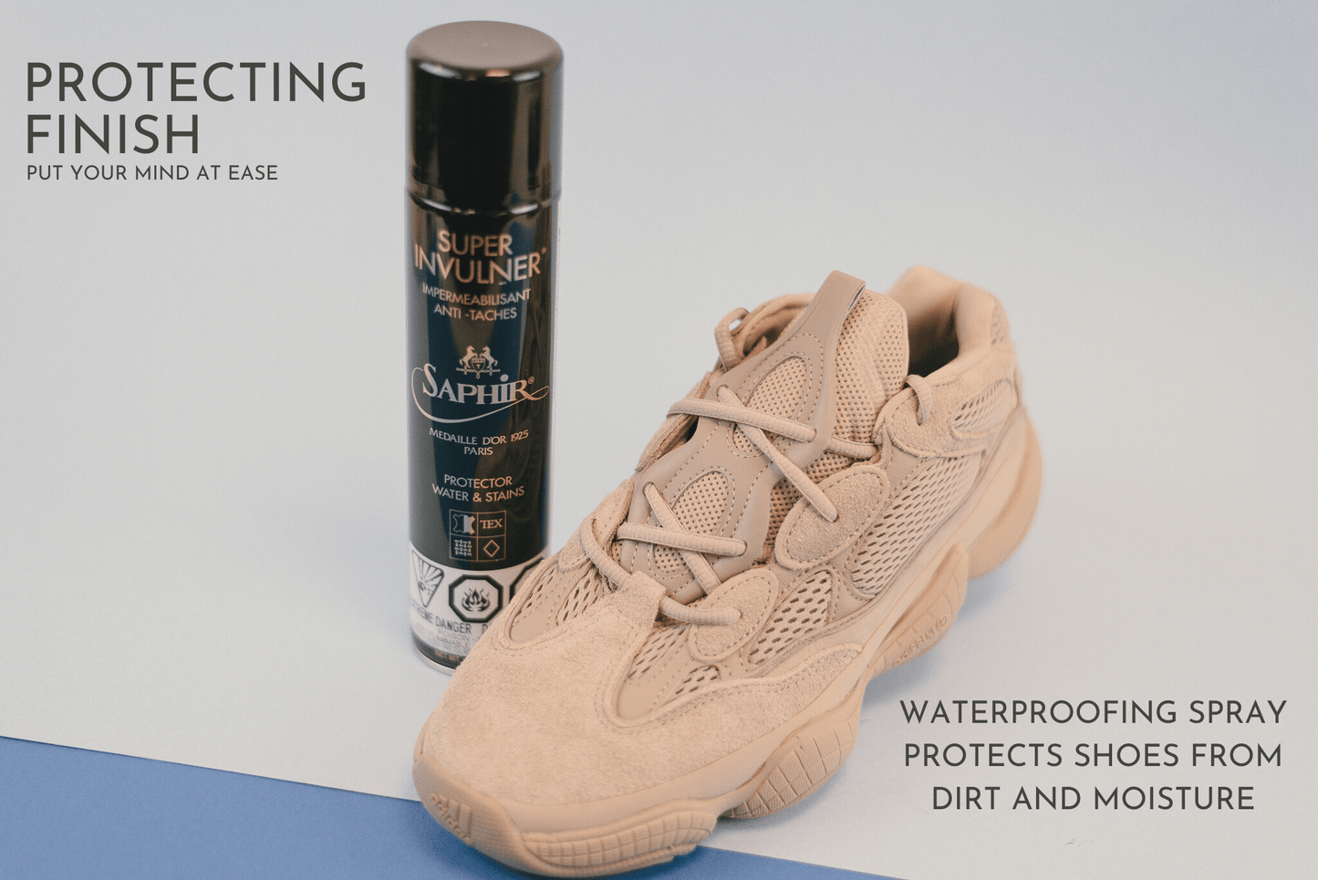 Brillaré protecting finish service - Saphir Waterproofing invulner spray displayed next to Yeezy 500 stone sneaker