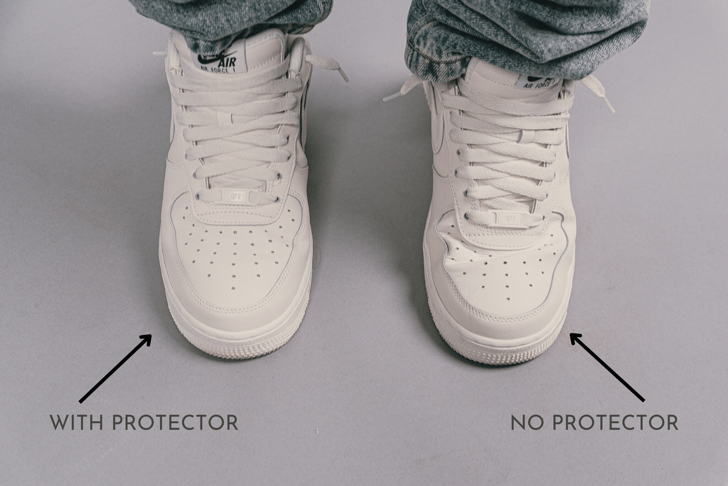 Sneaker crease protector crease guards shown being use in Nike AF1 Air force 1 in a comparison