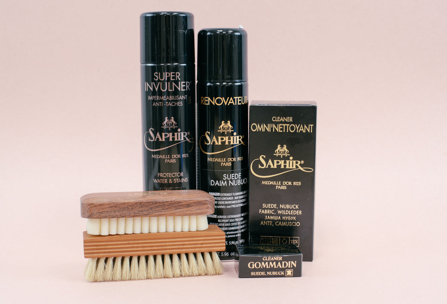 Brillare Calgary - Saphir Suede Care Kit - Saphir Invulner spray, renovating suede spray, suede shampoo omni'nettoyant, crepe suede brush, travel polishing brush, and suede eraser gommadin
