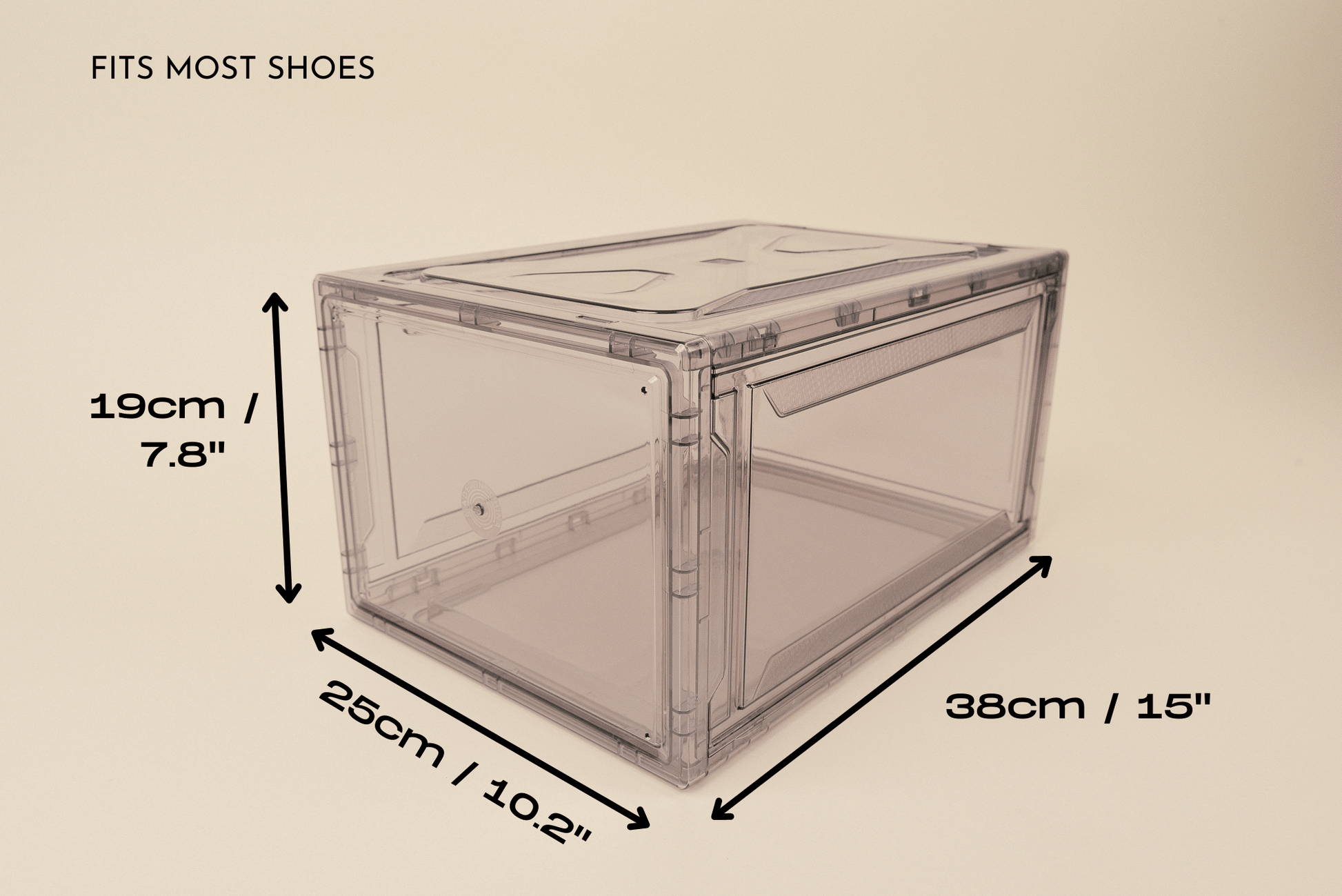 Brillare Deluxe Shoe Storage Container Box - Brillaré Sneaker, Shoe, and Boot Care Experts. Canada's Official Saphir Reseller. Based in Calgary, Alberta. box shown with measurements to depict size