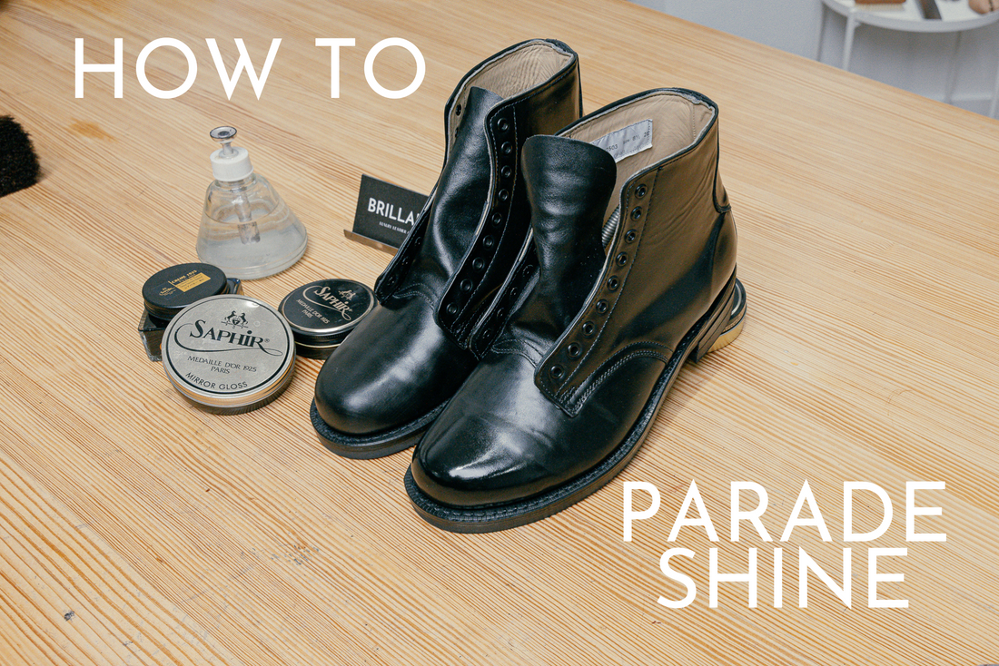 Brillaré Military Parade mirror shine tutorial hero photo. Displaying Canadian Cadet boots with Saphir Mirror Gloss paste wax, Saphir Pate De Luxe paste wax, Saphir Pommadier 1925 cream polish, Brillaré glass and metal high shine water dispenser 
