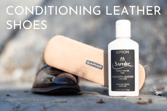 Conditioning leather shoes blog photo with a Saphir Medaille d'or Leather lotion bottle displayed next to a Saphir Beauté du cuir horse hair shine brush and a brown leather loafer. | Brillare Shoe Care - Official Saphir Reseller