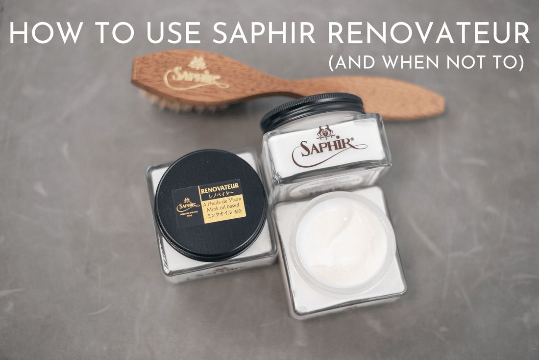 How to Use Saphir Medaille d'or Renovateur blog post photo depicting three jars of Saphir Renovateur side by side and one Saphir Medaille d'or large spatula brush in natural horse hair 