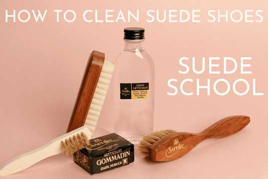Suede school how to clean suede shoes hero pic - Saphir Medaille d'or Omni nettoyant suede shampoo with saphir crepe brush saphir suede eraser and saphir spatula brush