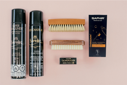 Brillare Calgary - Saphir Suede Care Kit - Saphir Invulner spray, renovating suede spray, suede shampoo omni'nettoyant, crepe suede brush, travel polishing brush, and suede eraser gommadin 
