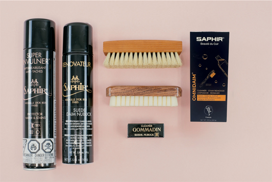 Brillare Calgary - Saphir Suede Care Kit - Saphir Invulner spray, renovating suede spray, suede shampoo omni'nettoyant, crepe suede brush, travel polishing brush, and suede eraser gommadin 