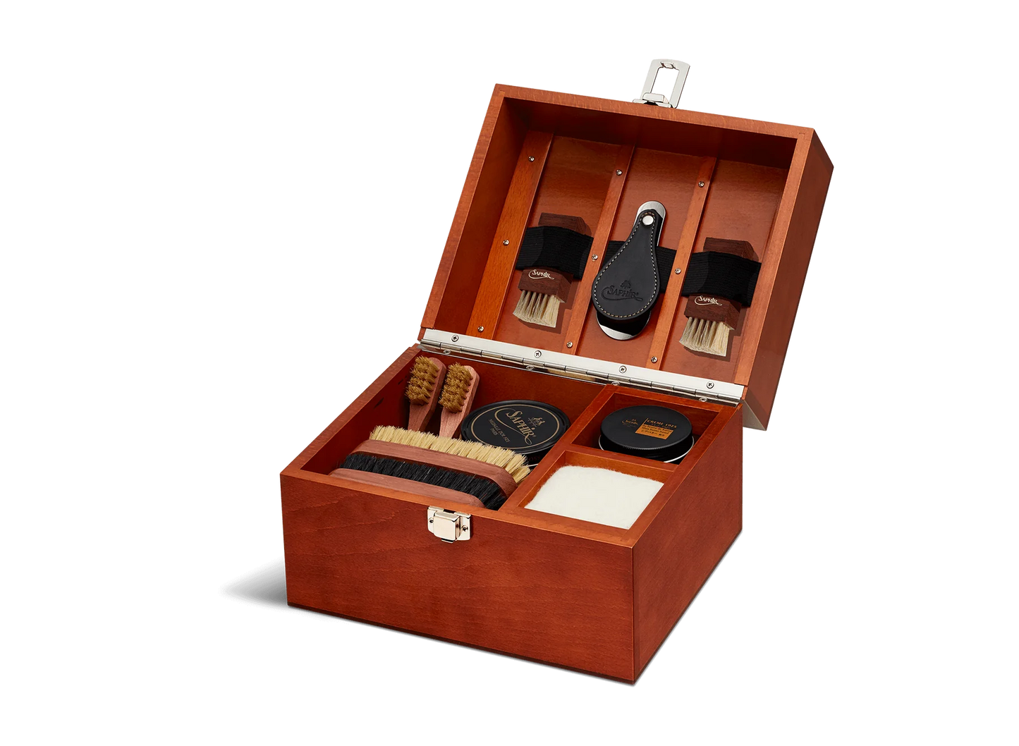 For the leather connoisseur. Presented in a stunning Beechwood box. A wonderful gift or addition to the shoe arsenal. Solid beech frame made in France, with a natural finish and vegetal leather trims.    The Groom Deluxe Box contains the following:  2 x 100ml shoe polish tin (1 x black, 1 x dark brown) 1 x renovator cream 2 x Spatula brushes 2 x Shoe polisher brushes 2 x Small spreaders 1 x Polish cloth  &nbsp;Size: 37X20X15cm
