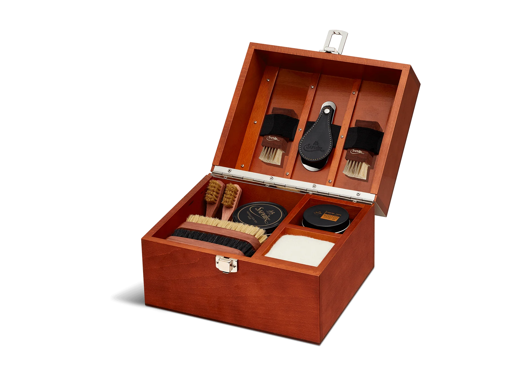 For the leather connoisseur. Presented in a stunning Beechwood box. A wonderful gift or addition to the shoe arsenal. Solid beech frame made in France, with a natural finish and vegetal leather trims.    The Groom Deluxe Box contains the following:  2 x 100ml shoe polish tin (1 x black, 1 x dark brown) 1 x renovator cream 2 x Spatula brushes 2 x Shoe polisher brushes 2 x Small spreaders 1 x Polish cloth  &nbsp;Size: 37X20X15cm