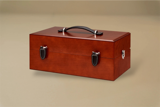 For the leather aficiando. Presented in a stunning Beechwood box. A wonderful gift or addition to the shoe arsenal. Solid beech frame made in France, with a beautiful Mahogany finish and chocolate leather trims.    The Intendant Box contains the following:  Included:  5 x Shoe cream jars- neutral, black, light brown, med.brow and dk. brown 4 x Tins 50ml shoe polish-neutral, black, med.brown, and dk. brown 2 x Shoe polishes brushes 18cm 2 x Small spreaders, 1 cloth, 1 shoe horn  Size : 37 x 20 x 15 cm