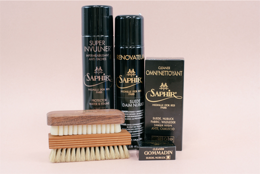 Brillare Calgary - Saphir Suede Care Kit - Saphir Invulner spray, renovating suede spray, suede shampoo omni'nettoyant, crepe suede brush, travel polishing brush, and suede eraser gommadin 