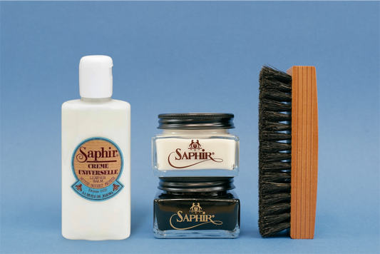 Brillaré Minimalist Shoe Shine Kit - Saphir Leather lotion, pommadier cream polish, renovateur, and travel polishing brush