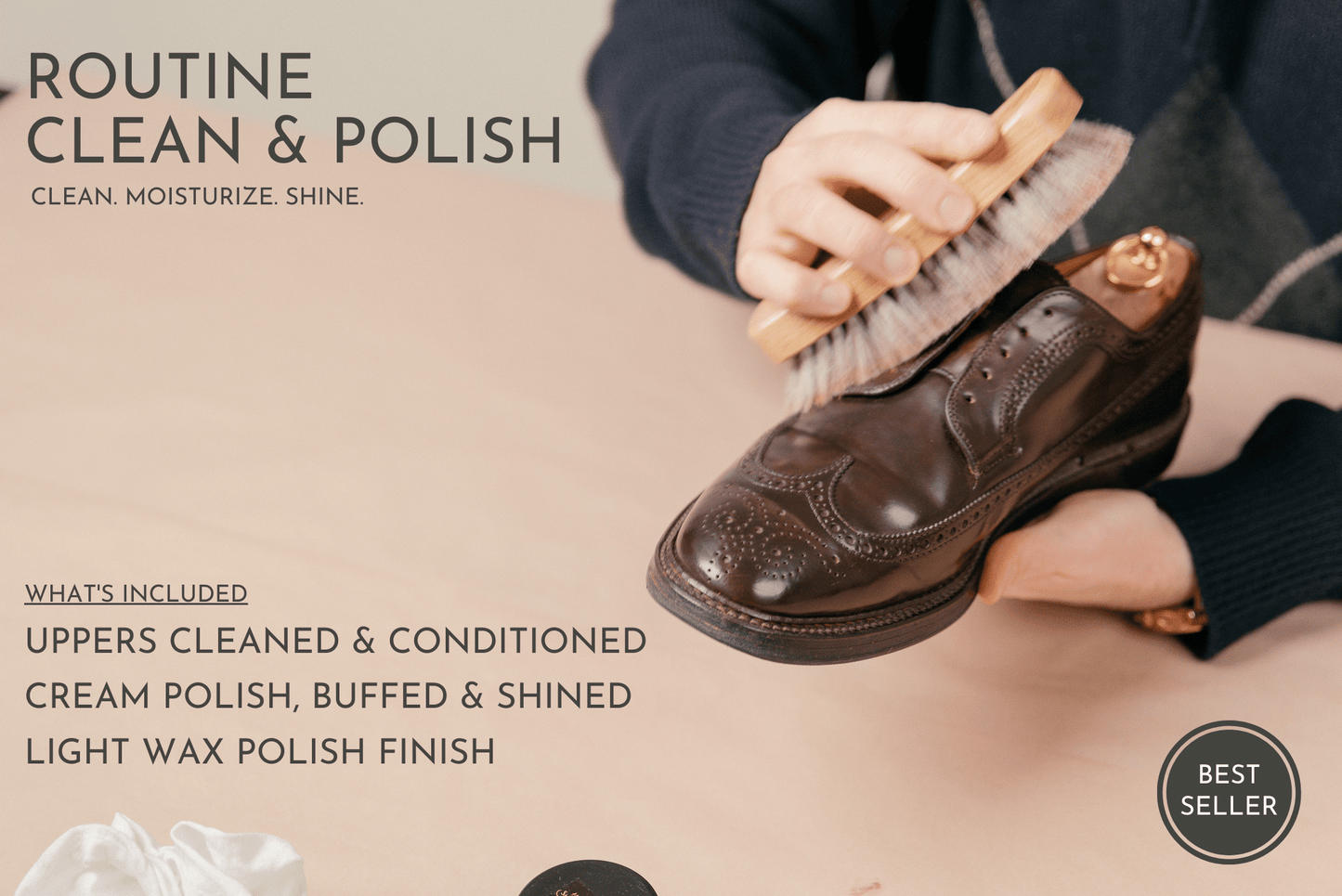 Brillaré Routine Shoe Clean & Polish - Alden 975 Longwing cordovan blucher being cleaned and buffed with Saphir Wooden Horse hair shoe shine brush