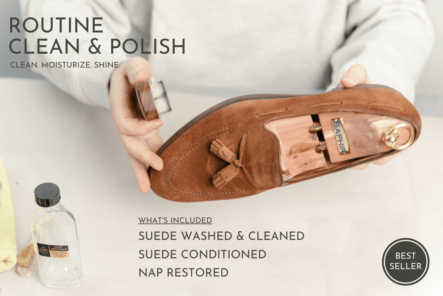 Brillaré Routine Shoe Clean & Polish - Crockett & Jones Cavendish loafer in snuff suede being brushed with Saphir Suede Crepe brush and displayed with Saphir Omni'nettoyant suede shampoo cleaning solution
