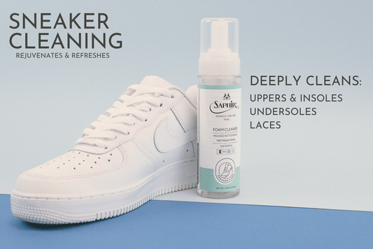 Brillaré sneaker cleaning service - Nike Air Force 1 in white shown with Saphir Foam cleaner on blue back drop