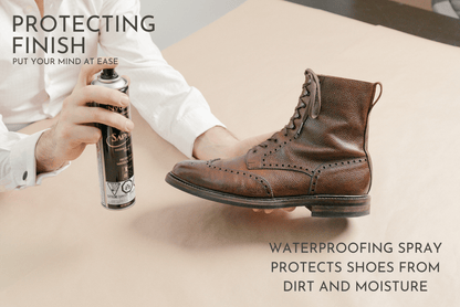 Brillaré protecting finish service - Saphir Waterproofing invulner spray displayed sprayed onto Crockett & Jones Islay boot in dark brown pebble grain leather