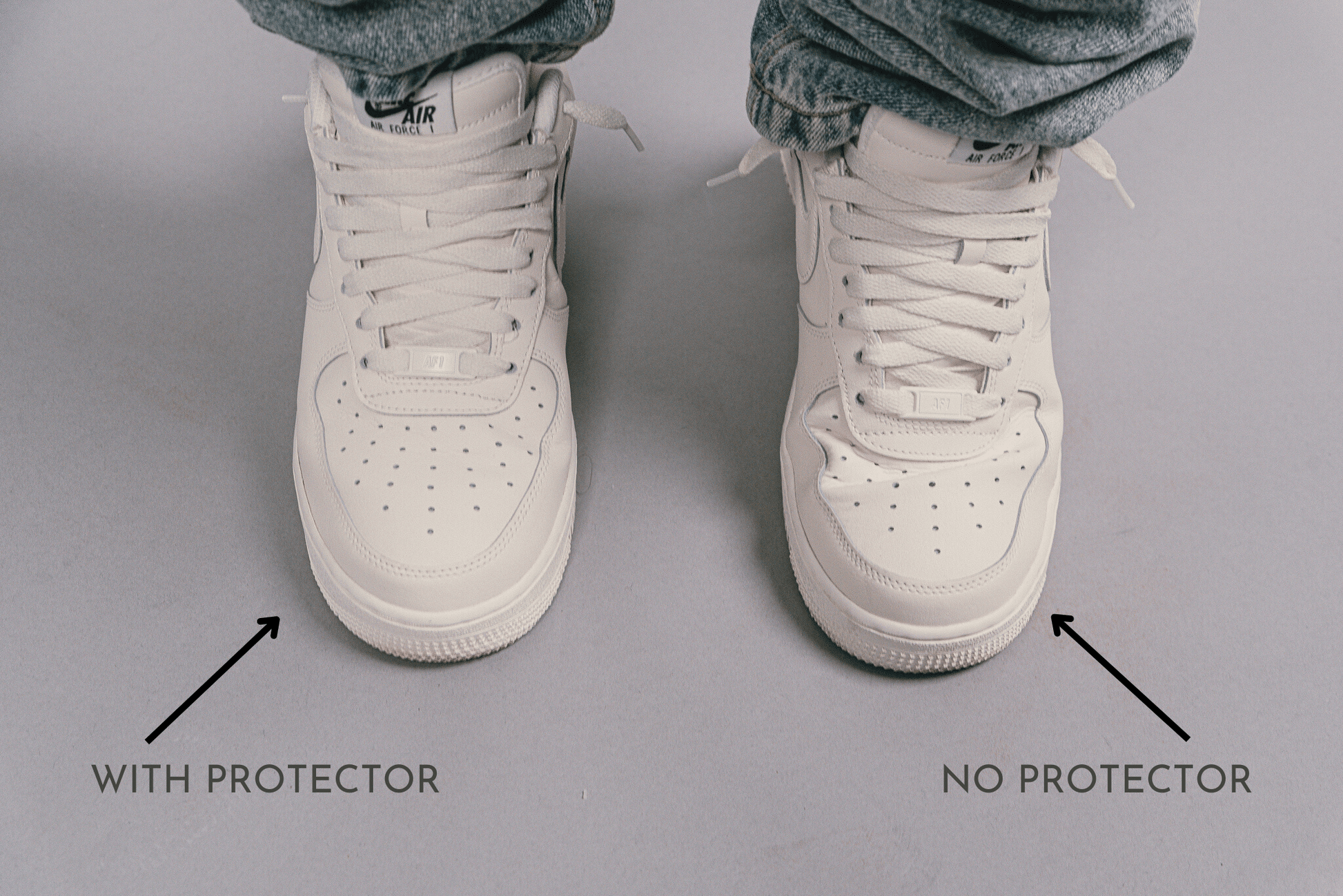 Sneaker crease protector crease guards  shown being use in Nike AF1 Air force 1 in a comparison