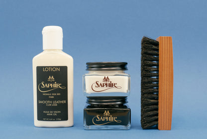 Brillaré Minimalist Shoe Shine Kit - Saphir Leather lotion, pommadier cream polish, renovateur, and travel polishing brush