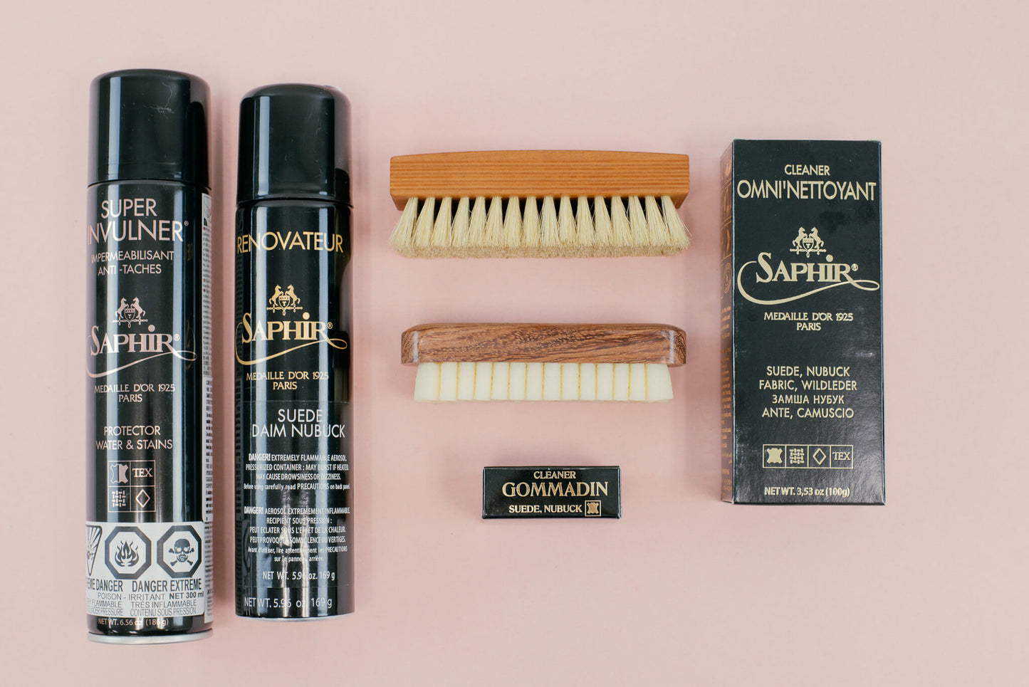 Brillare Calgary - Saphir Suede Care Kit - Saphir Invulner spray, renovating suede spray, suede shampoo omni'nettoyant, crepe suede brush, travel polishing brush, and suede eraser gommadin 