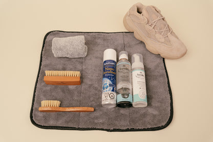 Brillare Ultra High Absorbency Microfibre Large Mat - Brillare is a Saphir reseller in Calgary, Alberta, Canada Offering The Best for Sneaker Care, Shoe Shines, and Polish. Shown with yeezy 500 in taupe light and several Saphir products including nano invulner and foam cleaner