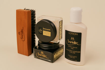 Brillaré Minimalist Shoe Care Kit photo. Contains Saphir Medaille d'or Horse hair polish brush, leather lotion, pommadier 1925 cream polish, and renovateur renovating cream polish 2