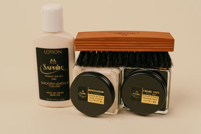 Brillaré Minimalist Shoe Care Kit photo. Contains Saphir Medaille d'or Horse hair polish brush, leather lotion, pommadier 1925 cream polish, and renovateur renovating cream polish 3