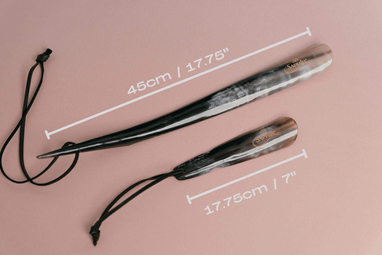 Saphir Medaille d'or buffalo horn shoe horn size comparison picture. 