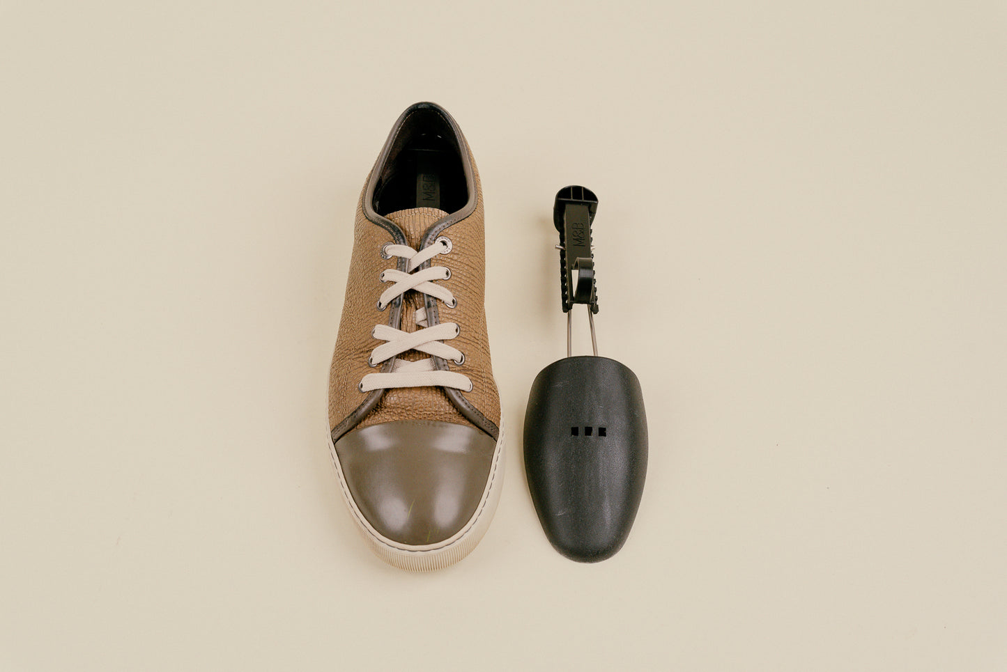 Brillaré black lightweight adjustable shoe trees for sneakers or dress shoes shown in Lanvin sneakers